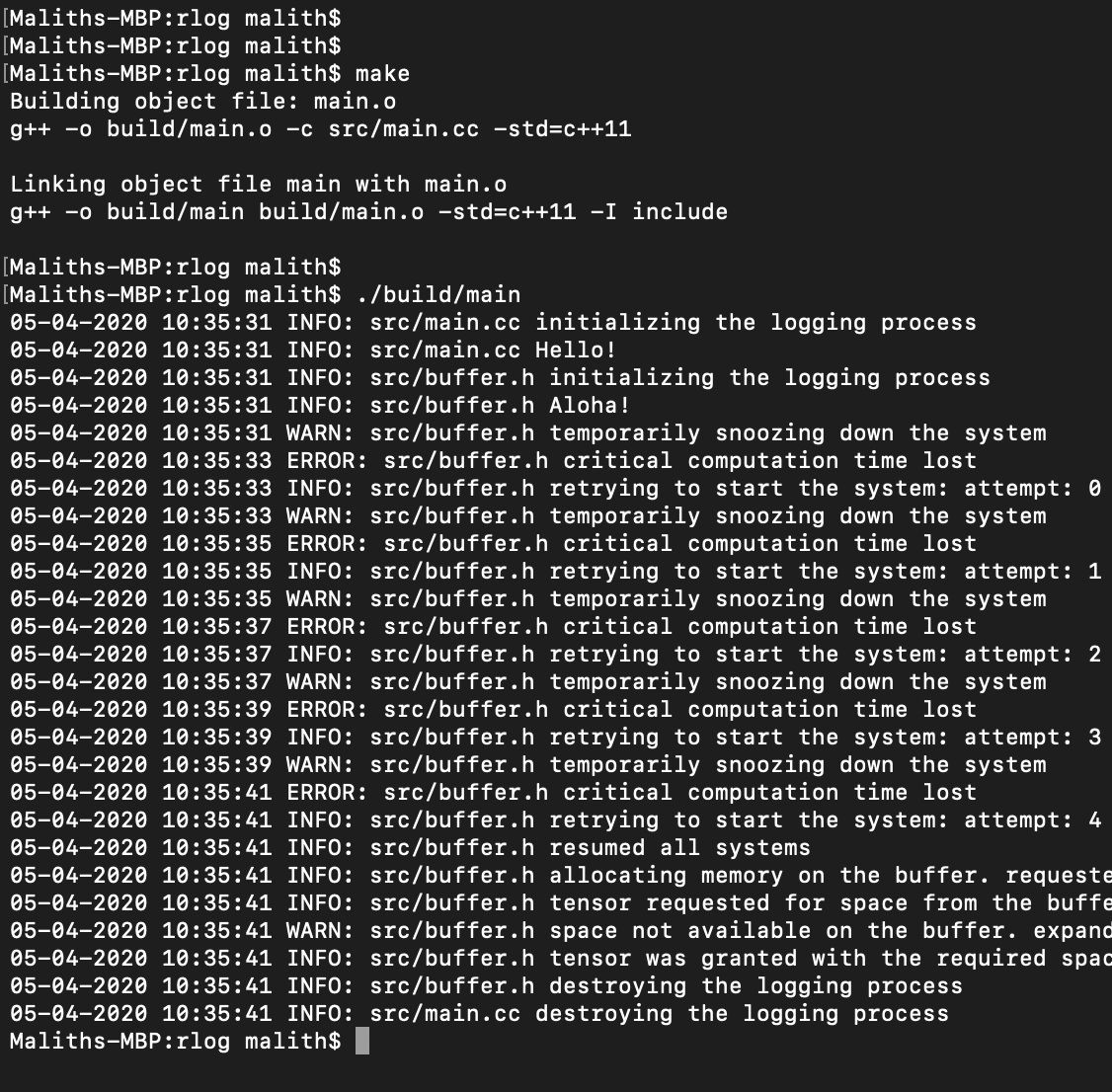 rlog screenshot shows a demonstration of the logs generated through the program. c++ logging