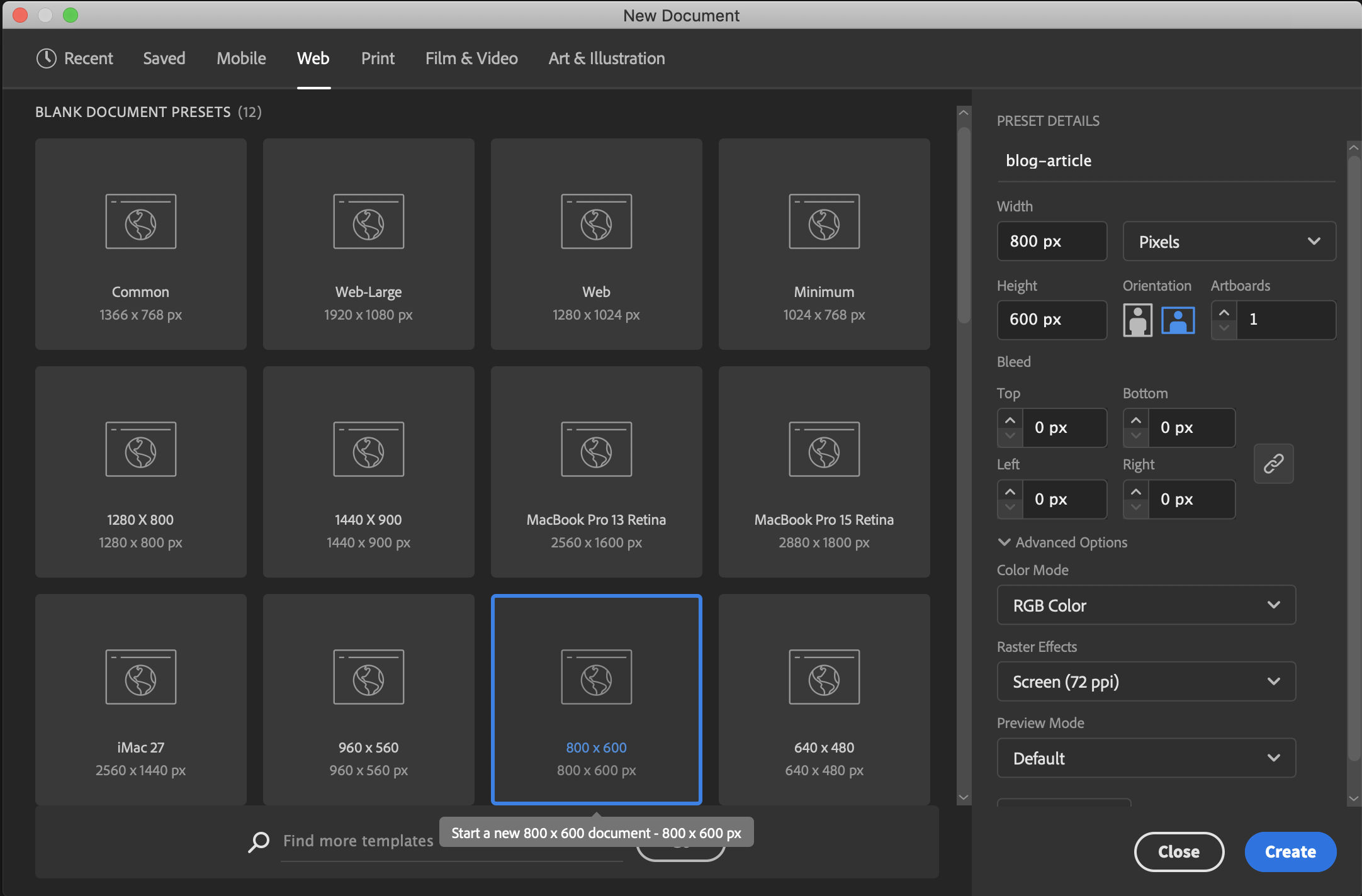 The picture explains how to create a new document in Adobe Illustrator. Web templates are 800 x 600 px.